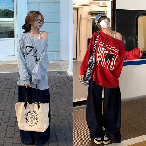 荒荒家 露肩前后印花长袖T2026新款两面穿设计宽松心机套头上衣女