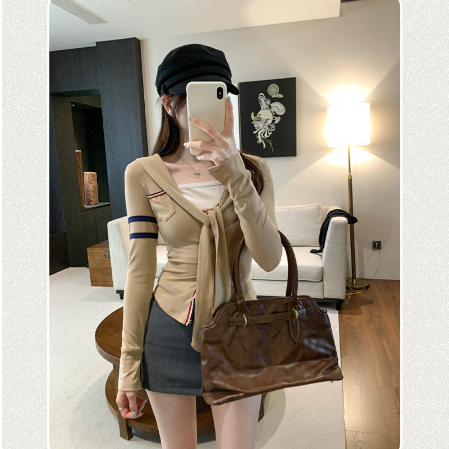 海军领千金感打底衫女秋冬季长袖开衫外套撞色条纹披肩假两件上衣