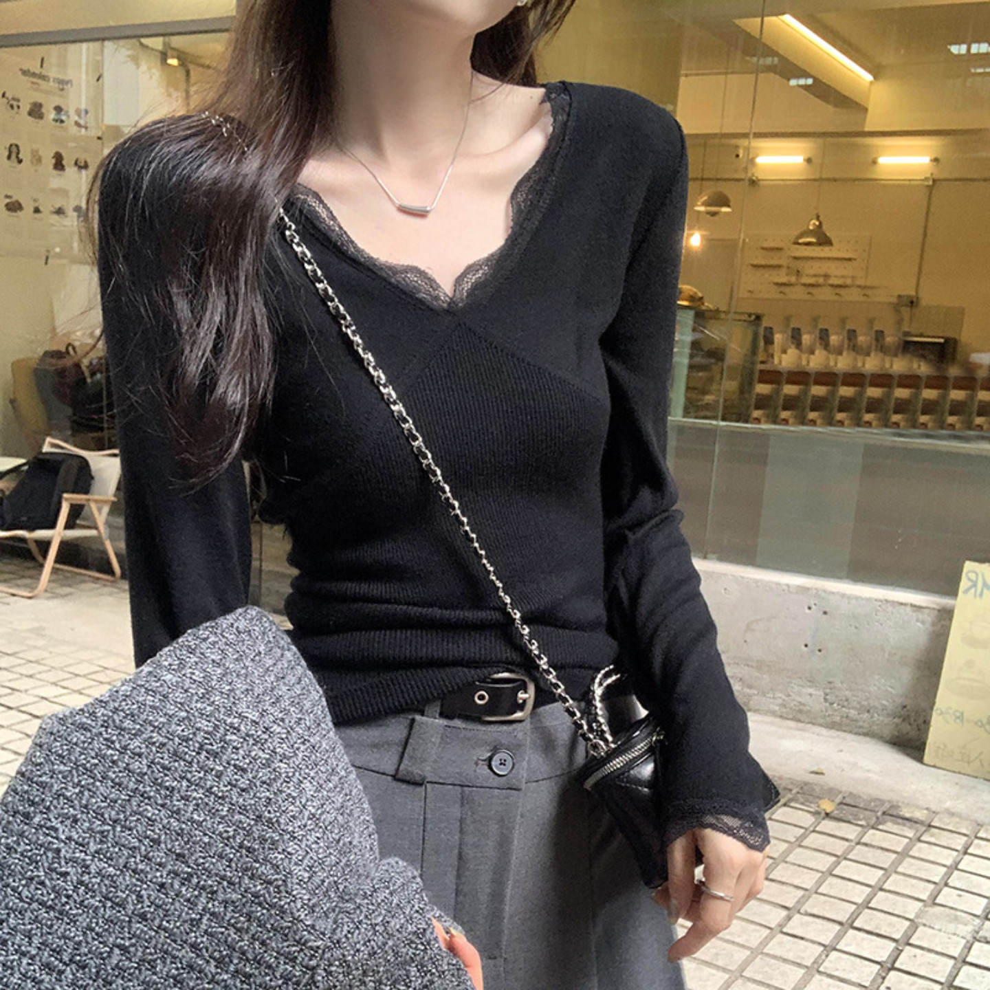 超好看蕾丝v领毛衣女秋冬新款修身内搭针织衫独特漂亮打底衫上衣,女装/女士精品,毛针织衫,淘宝优惠券,粉丝福利购,淘宝优惠卷