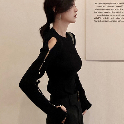 珍珠毛衣女秋冬秦岚同款针织衫性感镂空露肩高级感内搭打底衫上衣