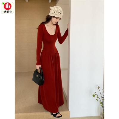 港风复古u领羊毛针织连衣裙长袖A字收腰打底修身显瘦气质芭蕾长裙