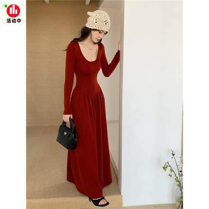 港风复古u领羊毛针织连衣裙长袖A字收腰打底修身显瘦气质芭蕾长裙