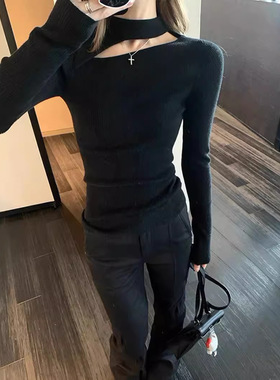 黑色温柔羊毛针织打底衫女秋冬镂空挂脖领内搭修身半高领毛衣上衣