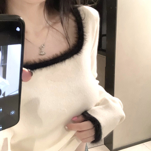 高级感软糯内搭上衣 法式 锁骨拼色方领白色打底衫 女秋季 百搭针织衫
