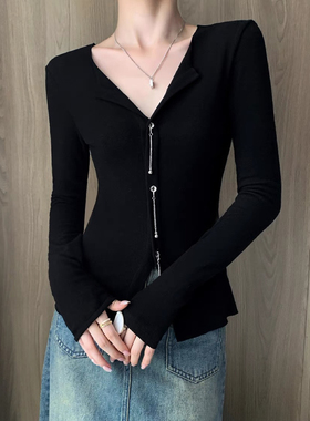 DOUBLE Z 小众设计感银链开叉针织衫女秋洋气修身显瘦v领打底上衣