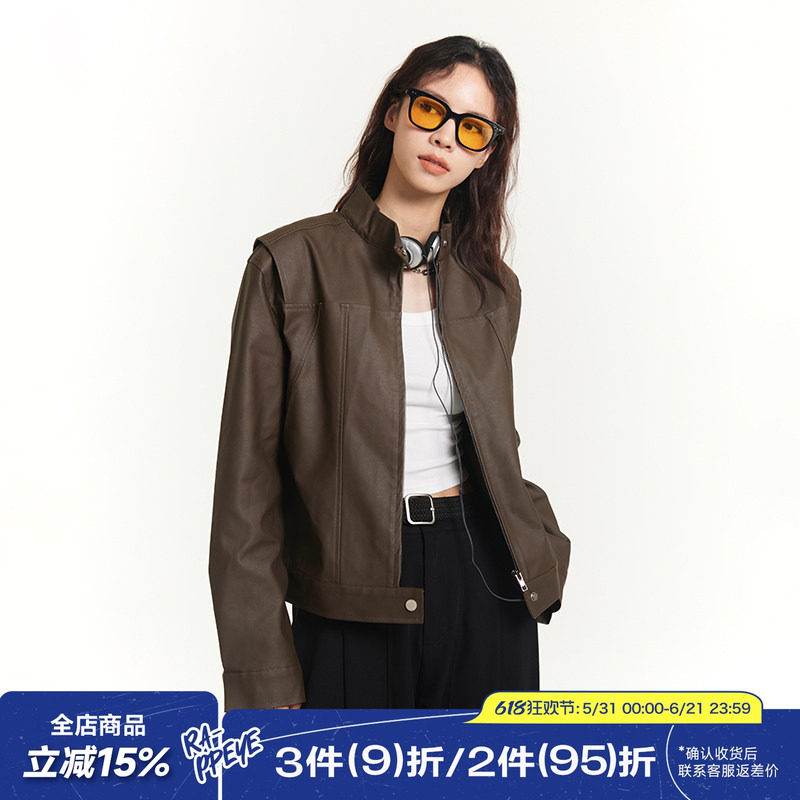 RAPPEYE 美式复古休闲美拉德穿搭机车风短款半高领皮衣夹克外套