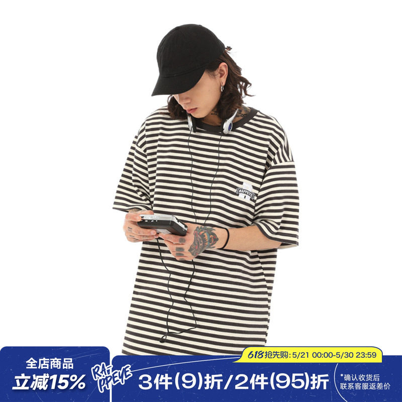 【潮WOO专属】RAPPEYE美式R字条纹短袖夏季宽松国潮男女情侣T恤