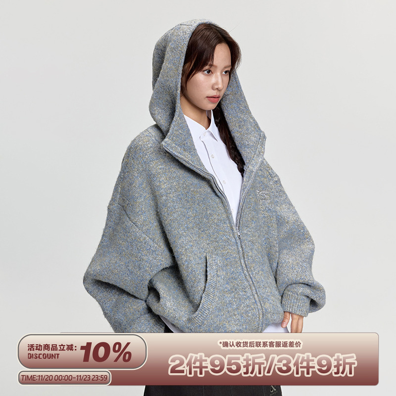 RAPPEYE 百搭学院风宽松针织连帽开衫上衣仿真马海毛毛衣外套女