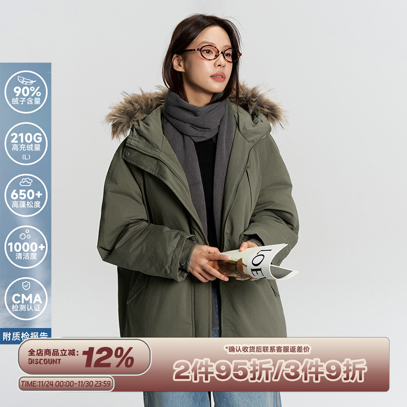 RAPPEYE 复古休闲保暖工装风羽绒服加厚抗寒毛领连帽中长款派克服