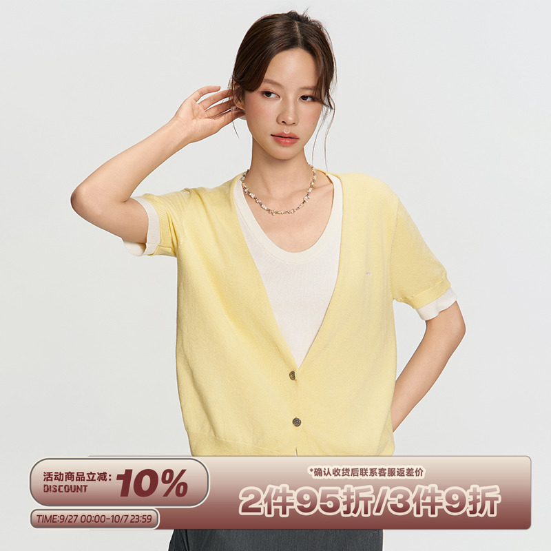 RAPPEYE设计感撞色圆领显瘦开衫拼色百搭上衣假两件针织短袖T恤女