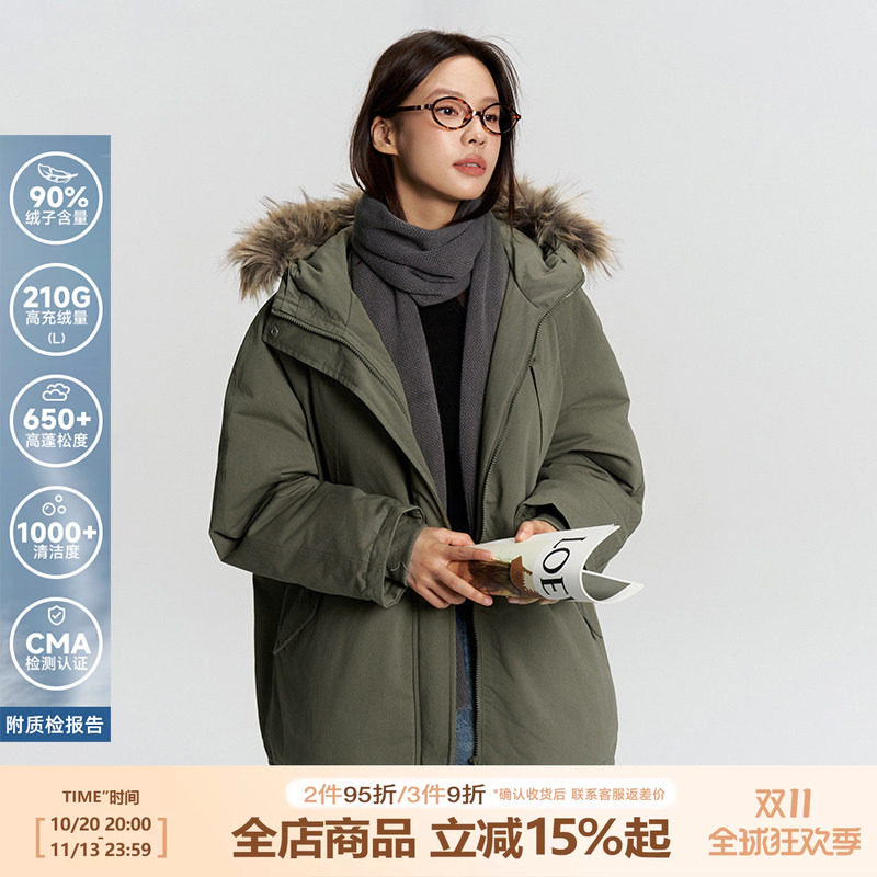 RAPPEYE 复古休闲保暖工装风羽绒服加厚抗寒毛领连帽中长款派克服