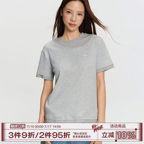 RAPPEYE 圆领假两件短袖设计感不规则拼接条纹刺绣宽松正肩T恤女