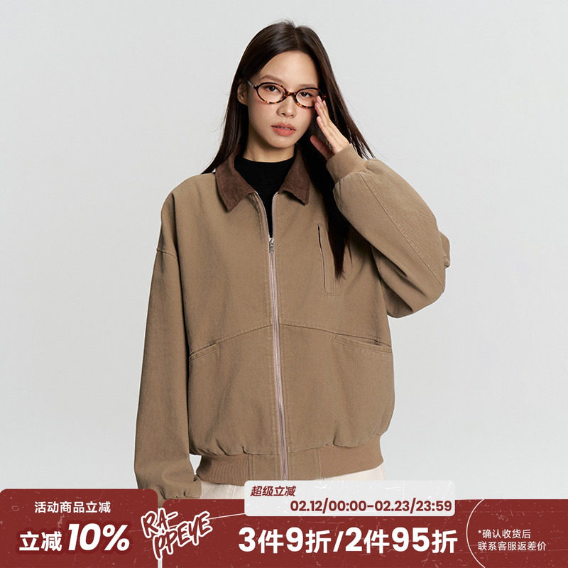 RAPPEYE 美式复古撞色斜纹翻领休闲短外套情侣同款巴恩风工装