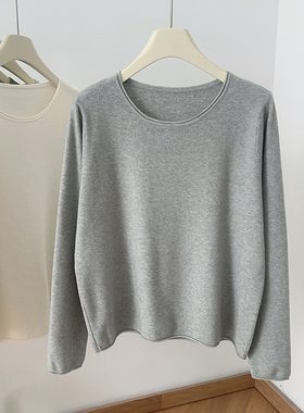 IMCC小众极简风卷边圆领长袖针织衫女冬宽松内搭打底衫基础款上衣