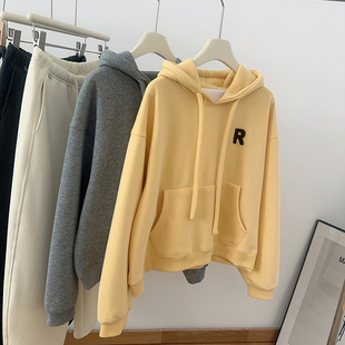 IMCC巨显白！设计感小众R字母连帽加绒卫衣女冬宽松百搭内搭上衣