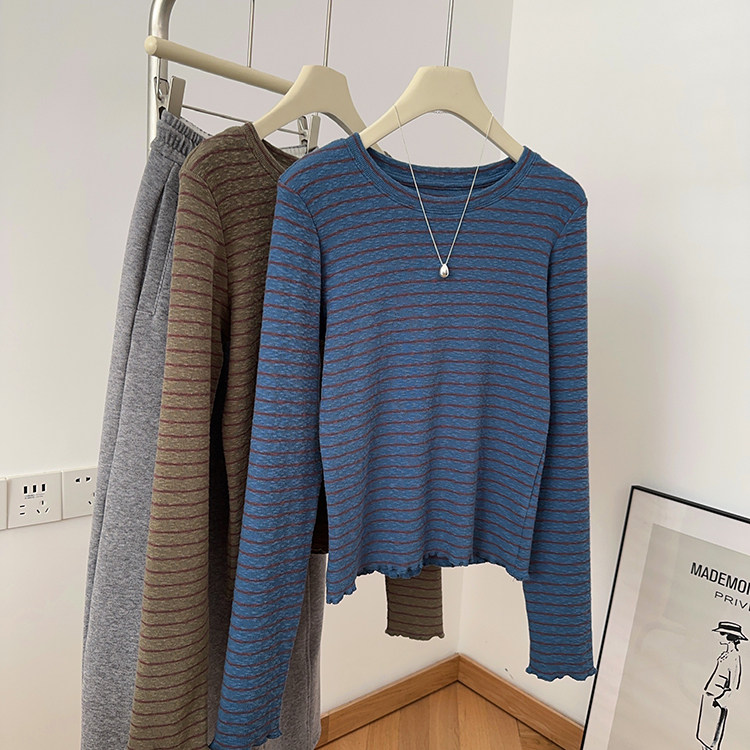IMCC韩系复古波浪边条纹长袖T恤女显瘦百搭圆领打底衫高克重上衣,女装/女士精品,T恤,淘宝优惠券,粉丝福利购,淘宝优惠卷