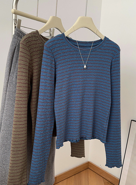 IMCC韩系复古波浪边条纹长袖T恤女显瘦百搭圆领打底衫高克重上衣