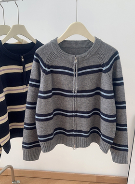 IMCC韩系撞色条纹双拉链针织开衫女冬款宽松百搭加厚圆领毛衣外套
