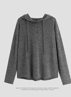IMCC设计感小众灰色半襟纽扣连帽长袖T恤衫女秋慵懒宽松针织上衣
