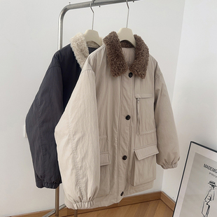 IMCC工装风毛领羽绒服女中长款系带收腰厚实保暖棉服外套