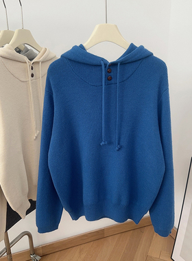 IMCC设计感小众极简风半襟纽扣连帽毛衣女冬宽松加厚针织衫上衣