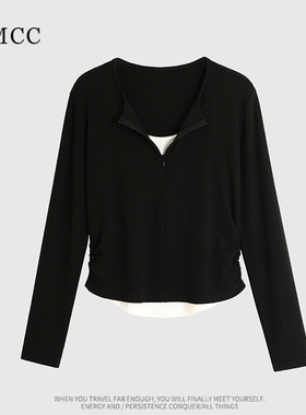 IMCC设计感小众半拉链V领假两件长袖T恤女修身显瘦褶皱打底衫上衣