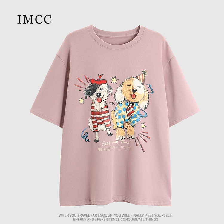 IMCC设计感卡通小狗印花圆领短袖T恤女春宽松百搭减龄显瘦上衣