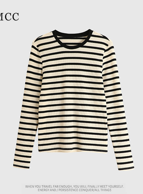 IMCC设计感小众法式洋气韩系条纹长袖T恤女春修身显瘦上衣打底衫
