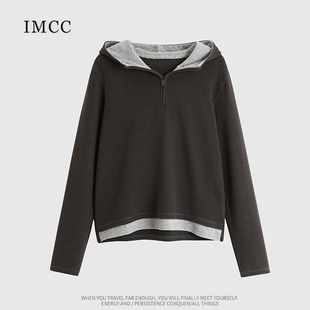 IMCC设计感小众德绒拼接连帽短款打底衫女冬宽松显瘦加厚内搭上衣
