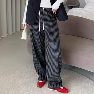SEAWHEN海维恩 冬季新款软糯复古洋气横条纹羊毛直筒两穿条纹裤女
