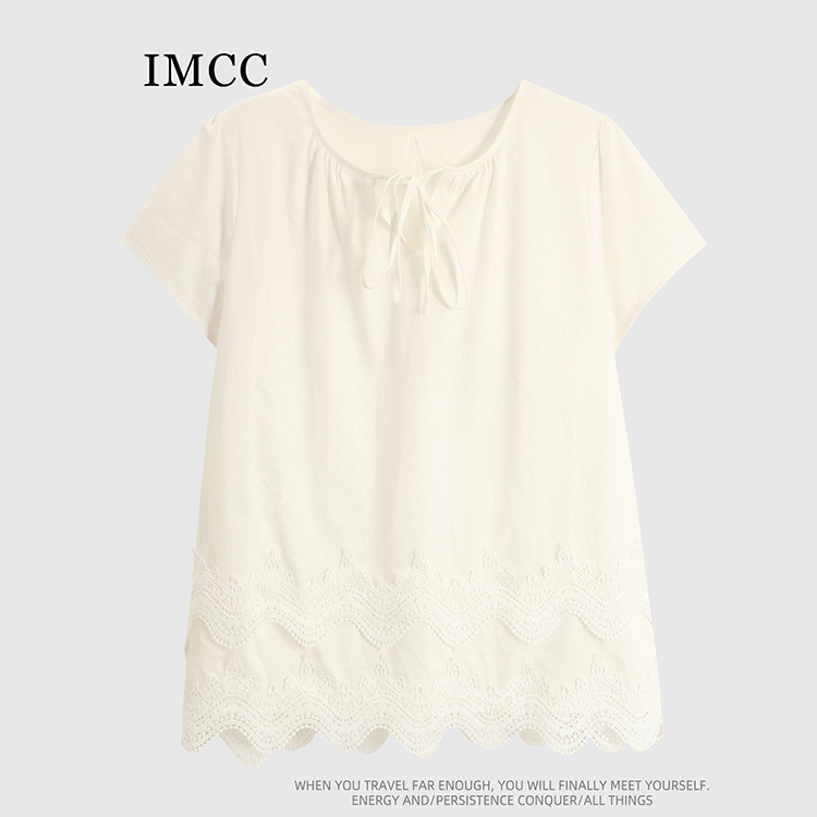 IMCC设计感小众波浪镂空花边法式甜美短袖衬衫女圆领系带气质上衣