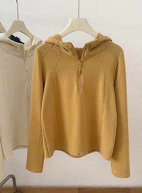 IMCC设计感小众半拉链磨毛加绒短款连帽卫衣女冬亲肤帽衫内搭上衣