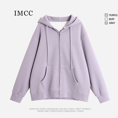 纯色简约加绒拉链连帽卫衣外套