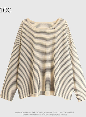 IMCC设计感小众简约慵懒条纹天丝亚麻长袖针织衫女宽松套头上衣