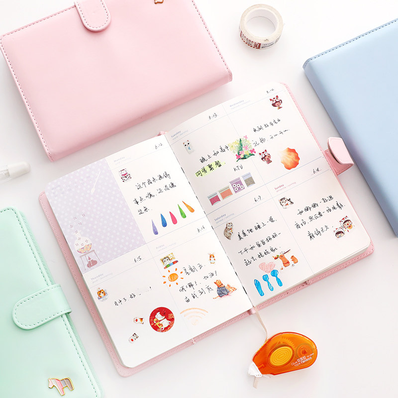 韩式手帐本学生记事日记本日程皮面按扣本彩页插画手账笔记本子