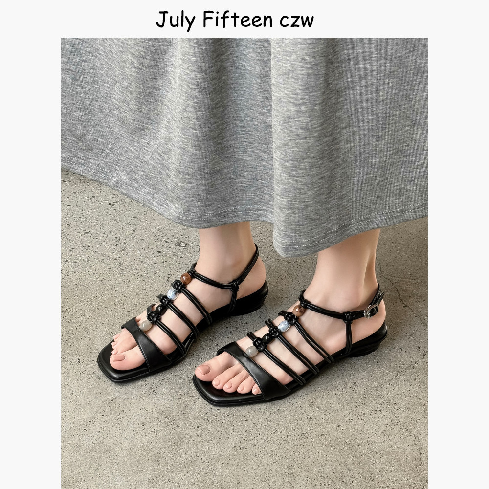 复古编织串珠罗马凉鞋女2026夏季新款平底方头露趾一字带凉鞋