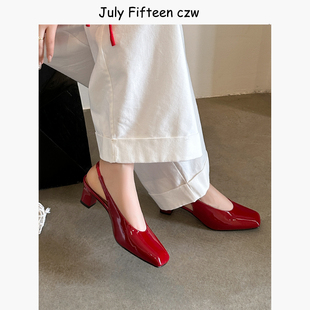 【July Fifteen】2025新款P家方头粗跟后空高跟鞋女气质包头凉鞋