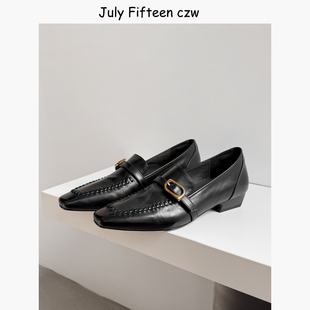 深口单鞋 女黑色低跟皮带扣一脚蹬小皮鞋 英伦风方头乐福鞋 2026新款