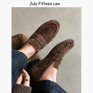 女低跟圆头一脚蹬老钱风高级感单鞋 2026新款 羊反绒皮英伦风乐福鞋