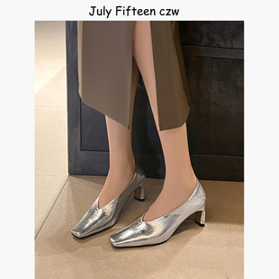 V口奶奶鞋 法式 百搭通勤浅口单鞋 女2026春新款 气质方头羊皮高跟鞋