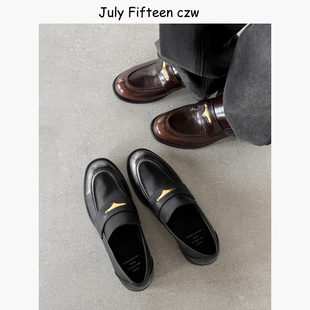 通勤粗跟复古单鞋 女一脚蹬小皮鞋 擦色牛皮英伦风乐福鞋 2026新款