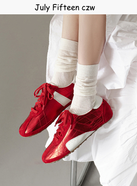 2026新款头层羊皮拼色内增高德训鞋女红色系带阿甘鞋休闲运动鞋