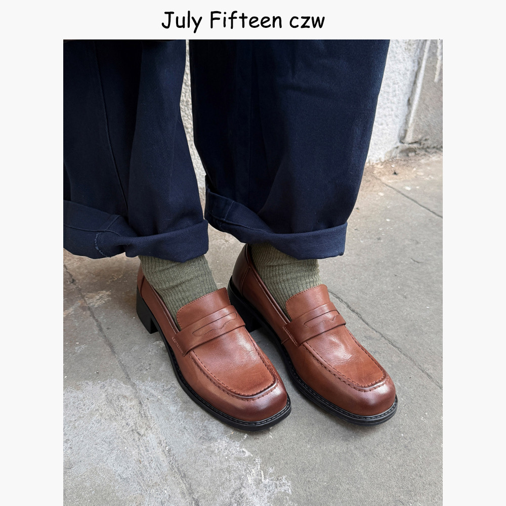 英伦风头层牛皮乐福鞋女2026春季新款方头4.5cm粗跟一脚蹬小皮鞋,女鞋,乐福鞋（豆豆鞋）,淘宝优惠券,粉丝福利购,淘宝优惠卷