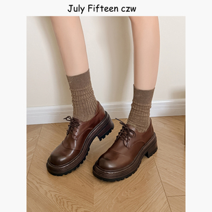 单鞋 头层牛皮 复古小皮鞋 女2026新款 英伦风粗跟厚底系带乐福鞋