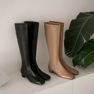 高筒靴女 小众牛皮b靴子女y方头长筒靴不过膝2025新款 高定版 法式