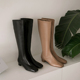 小众牛皮b靴子女y方头长筒靴不过膝2025新款 高定版 法式 高筒靴女