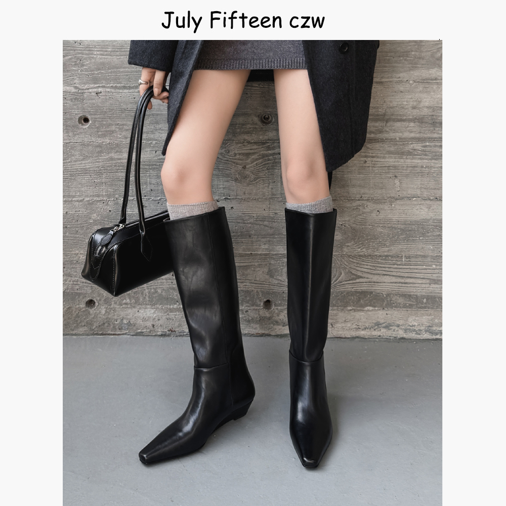 欧美气质显瘦3.5cm坡跟方头真皮不过膝长靴女2025新款高筒骑士靴
