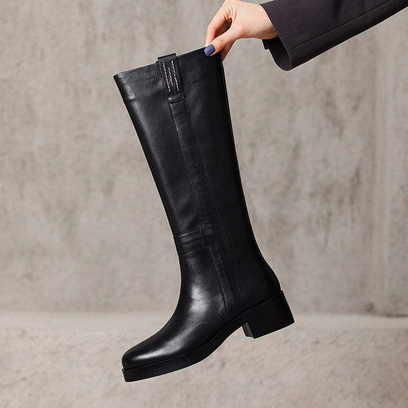 进口头层牛皮~H家长靴女不过膝2024秋季新款5cm粗跟骑士靴直筒靴