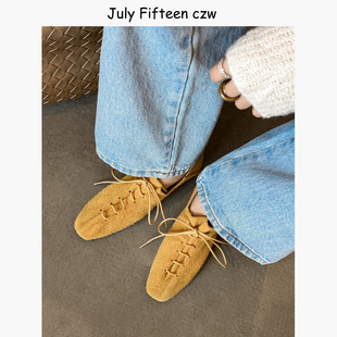 韩版 软底休闲鞋 牛反绒系带平底鞋 女平底方头深口鞋 单鞋 2026新款