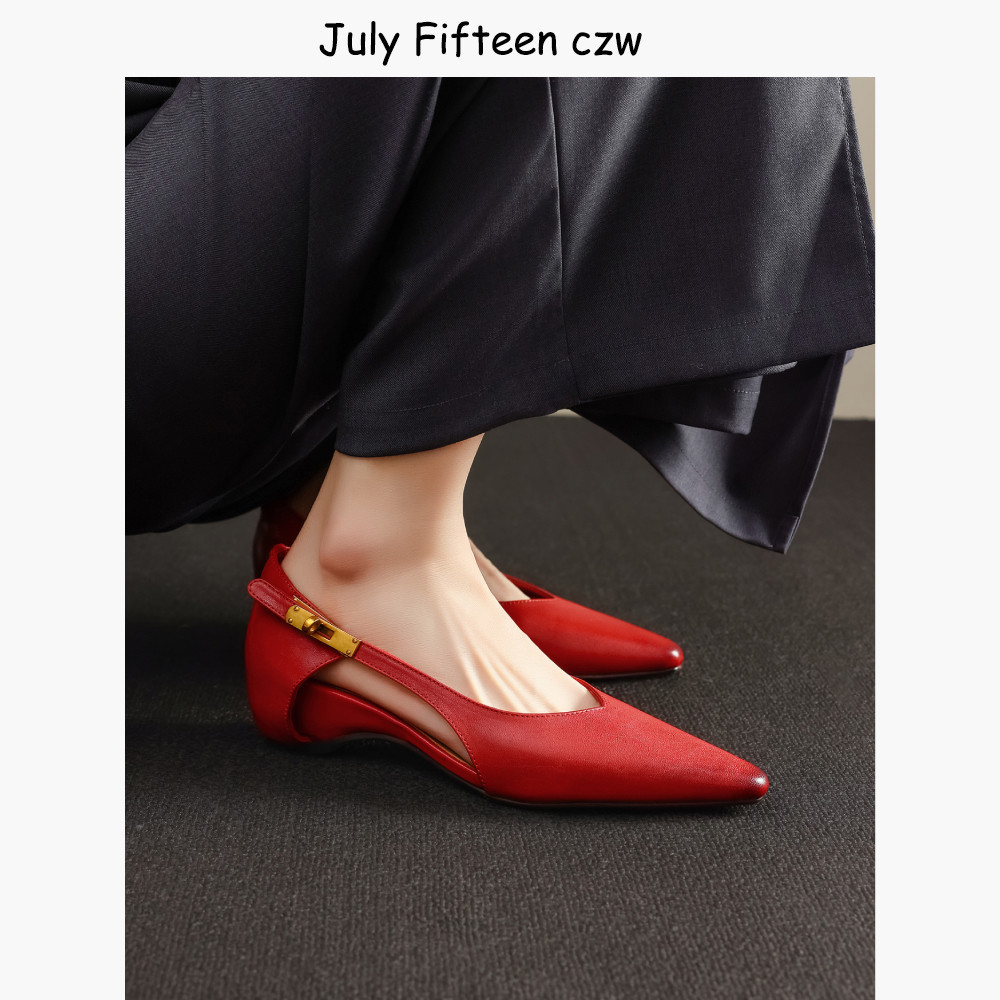 头层牛皮法式包头凉鞋女2026春夏气质尖头金属扣内增高中空凉鞋